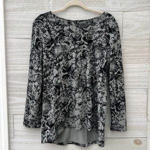 D&co black and gray floral long sleeve shirt roses Lillie’s boatneck